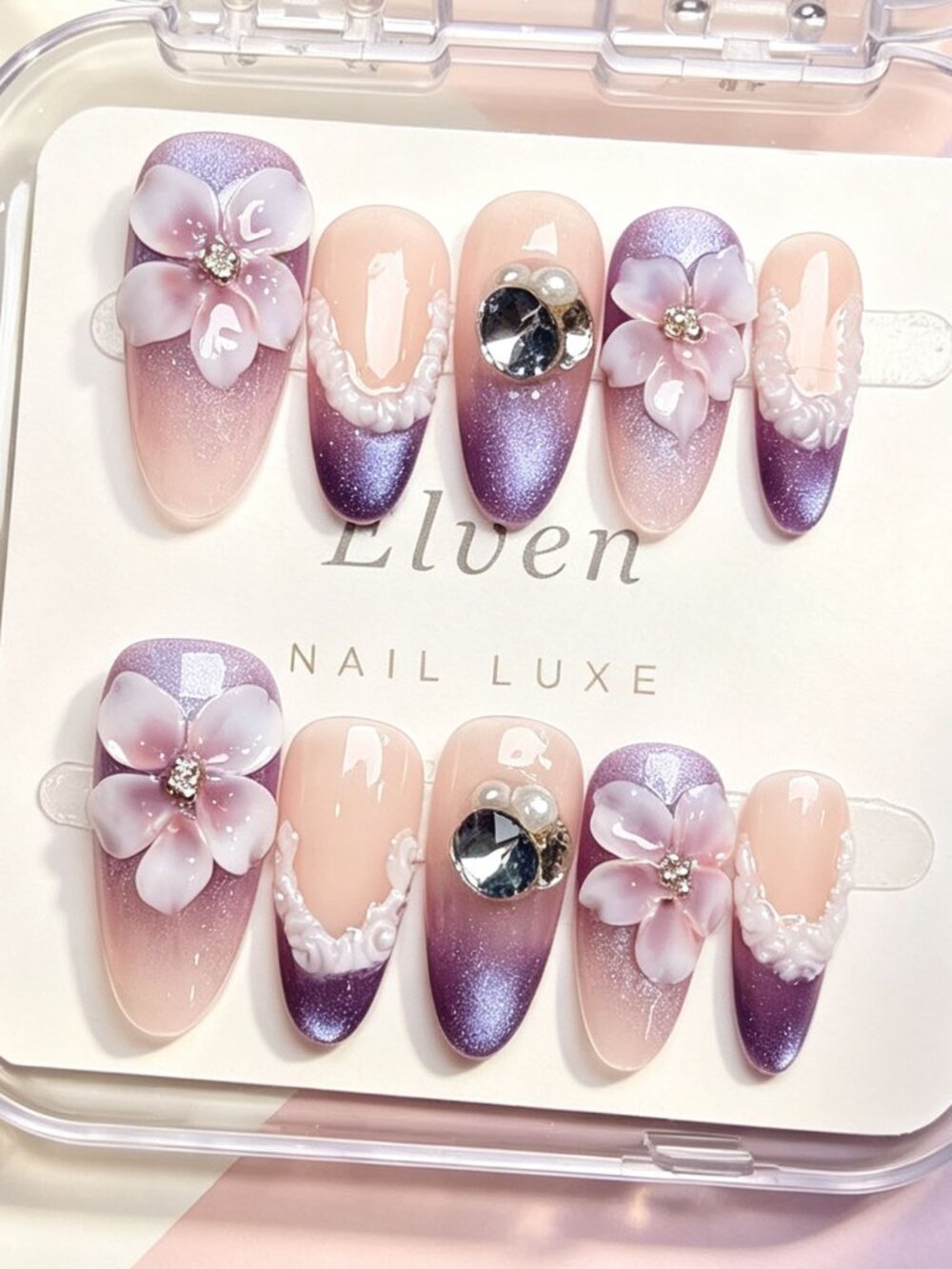 Dreamy Fairy Floral Medium Almond Press On Nails Pink Purple Cat Eye Gradient